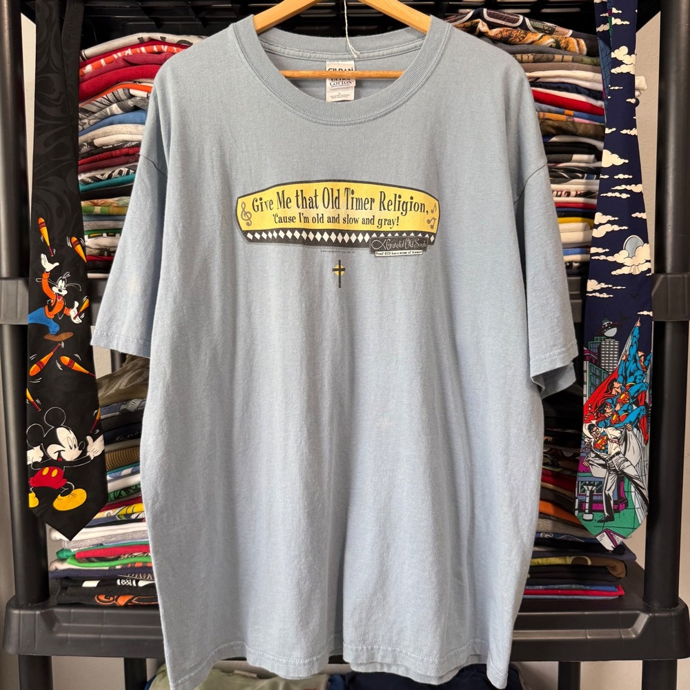 Y2K Light Blue Old Timer Religion Christian Graphic T-Shirt XL Light Marks